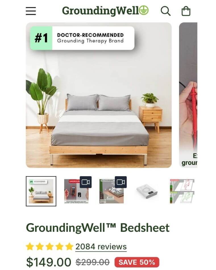 GroundingWell bedsheet product page showing sale price